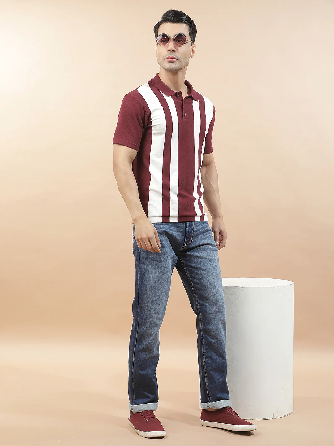 T-Shirt for Men | Breathable & Soft with Color Fastness Regular Fit Polo Neck Poly Cotton Fabric Striped Pattern