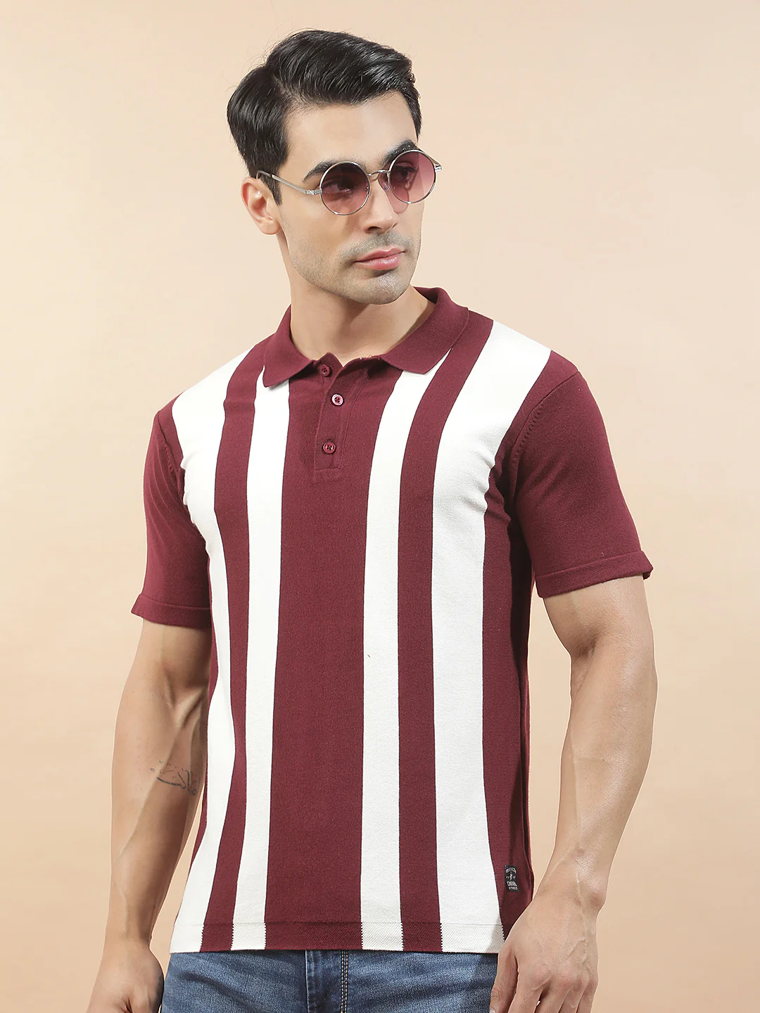 T-Shirt for Men | Breathable & Soft with Color Fastness Regular Fit Polo Neck Poly Cotton Fabric Striped Pattern - Image 2