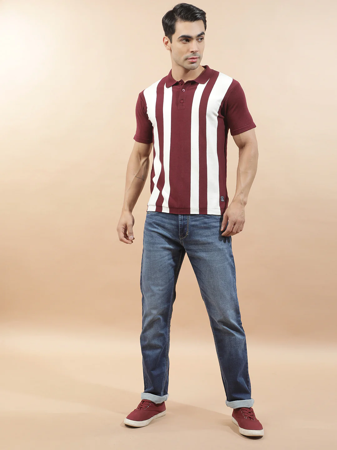 T-Shirt for Men | Breathable & Soft with Color Fastness Regular Fit Polo Neck Poly Cotton Fabric Striped Pattern - Image 3