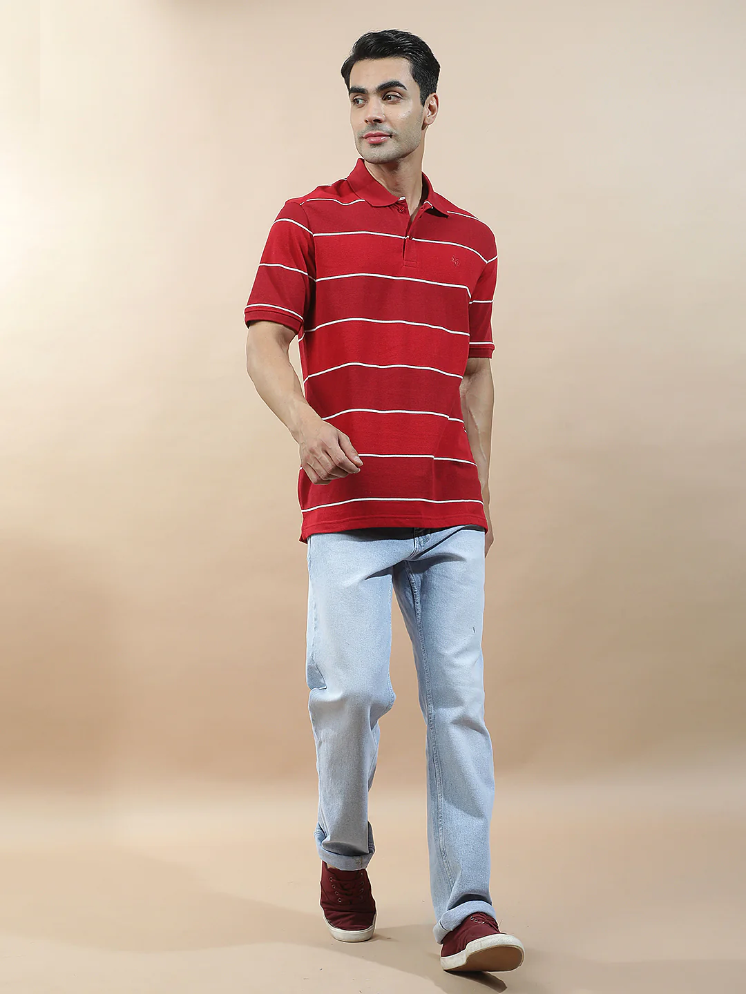 T-Shirt for Men | Breathable & Soft with Color Fastness Regular Fit Polo Neck Poly Cotton Fabric Striped Pattern