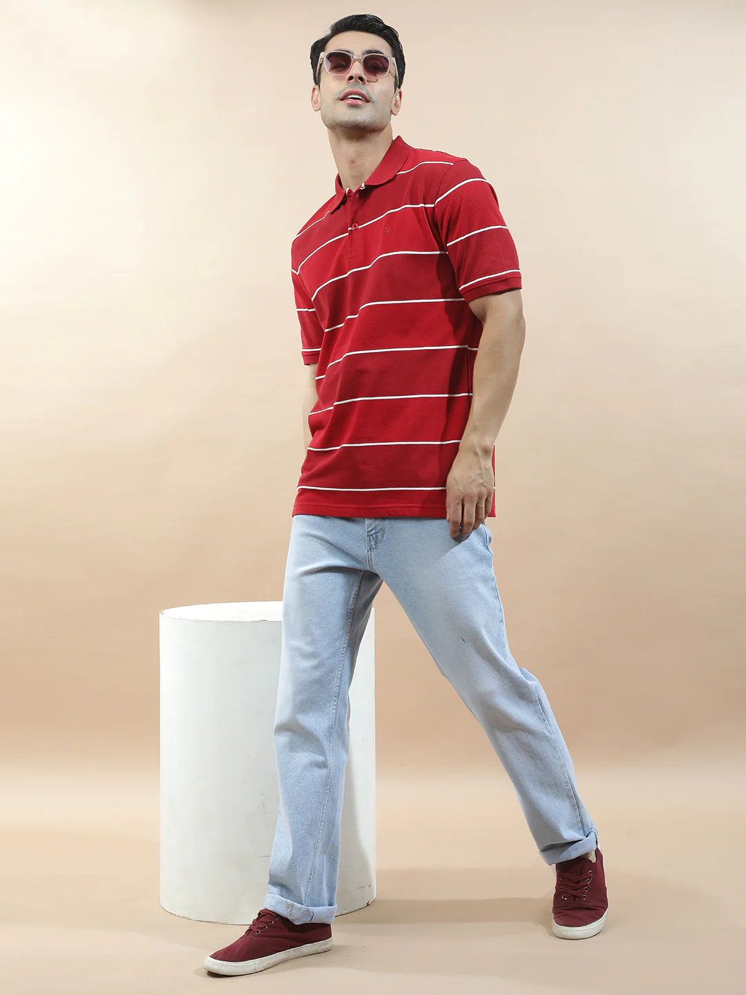 T-Shirt for Men | Breathable & Soft with Color Fastness Regular Fit Polo Neck Poly Cotton Fabric Striped Pattern - Image 2