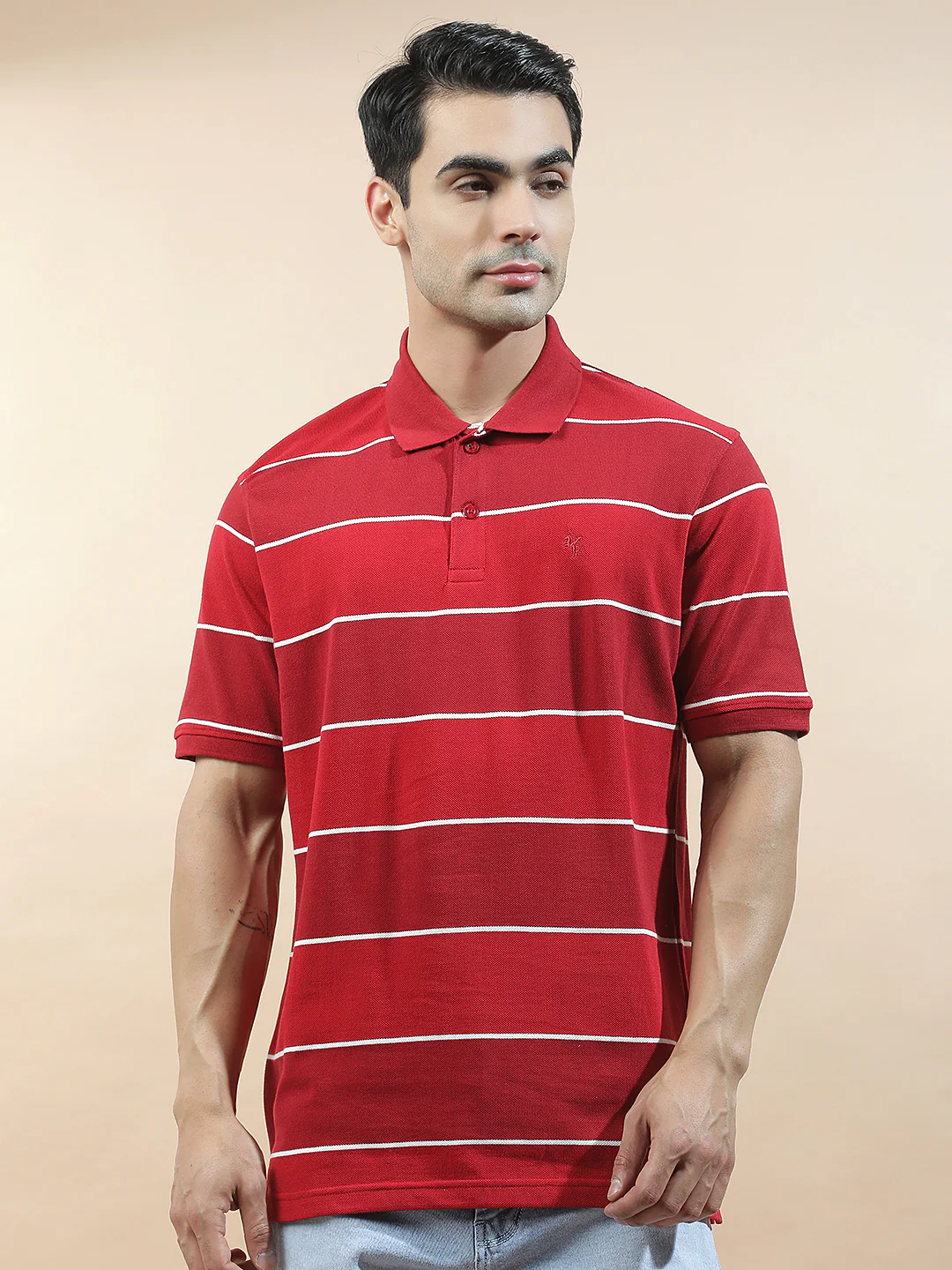 T-Shirt for Men | Breathable & Soft with Color Fastness Regular Fit Polo Neck Poly Cotton Fabric Striped Pattern - Image 4