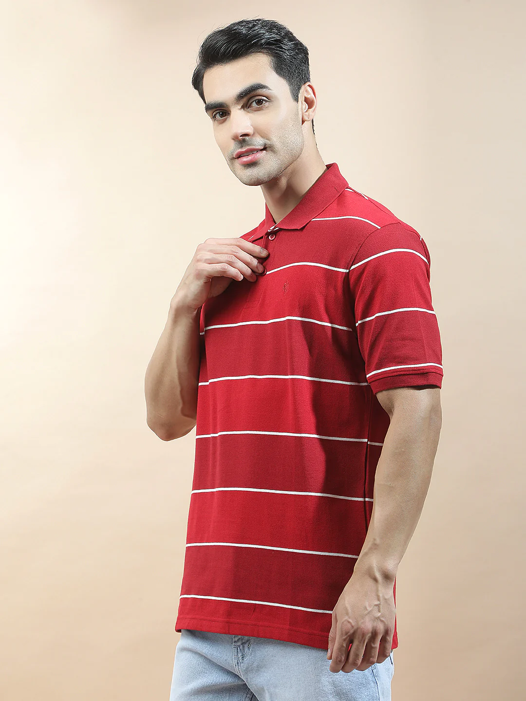 T-Shirt for Men | Breathable & Soft with Color Fastness Regular Fit Polo Neck Poly Cotton Fabric Striped Pattern - Image 5