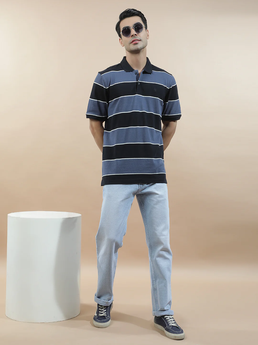 T-Shirt for Men | Breathable & Soft with Color Fastness Regular Fit Polo Neck Poly Cotton Fabric Striped Pattern