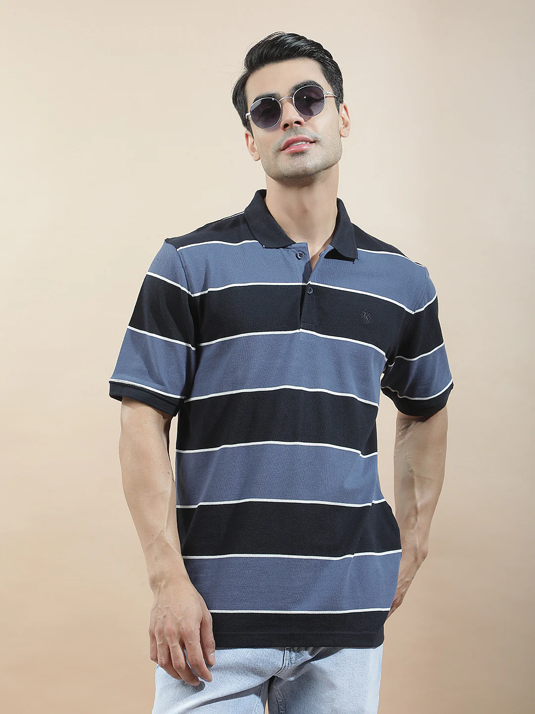 T-Shirt for Men | Breathable & Soft with Color Fastness Regular Fit Polo Neck Poly Cotton Fabric Striped Pattern - Image 2