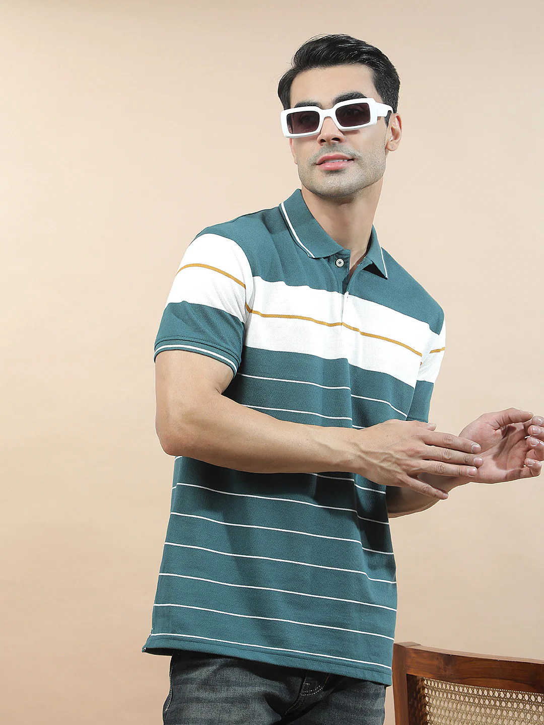 T-Shirt for Men | Breathable & Soft with Color Fastness Regular Fit Polo Neck Poly Cotton Fabric Striped Pattern - Image 2