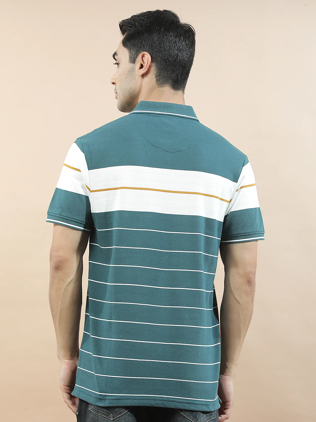 T-Shirt for Men | Breathable & Soft with Color Fastness Regular Fit Polo Neck Poly Cotton Fabric Striped Pattern - Image 3