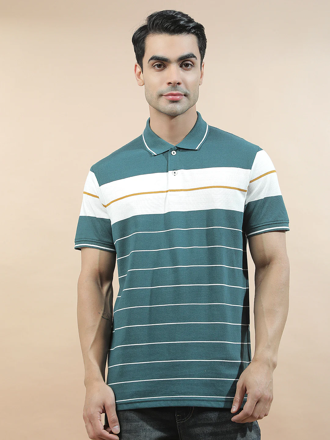 T-Shirt for Men | Breathable & Soft with Color Fastness Regular Fit Polo Neck Poly Cotton Fabric Striped Pattern - Image 4