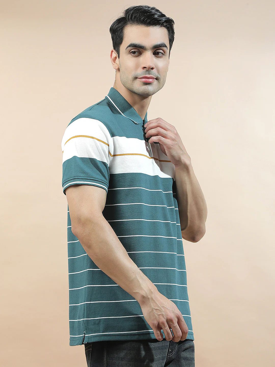 T-Shirt for Men | Breathable & Soft with Color Fastness Regular Fit Polo Neck Poly Cotton Fabric Striped Pattern - Image 6