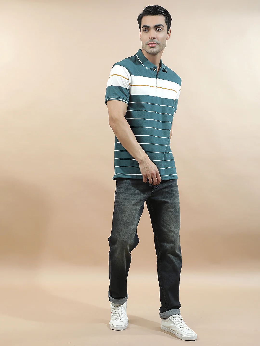 T-Shirt for Men | Breathable & Soft with Color Fastness Regular Fit Polo Neck Poly Cotton Fabric Striped Pattern - Image 8