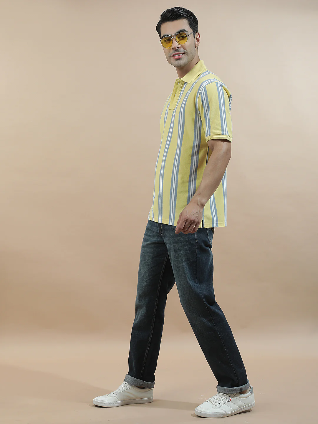 T-Shirt for Men | Breathable & Soft with Color Fastness Regular Fit Polo Neck Poly Cotton Fabric Striped Pattern - Image 2