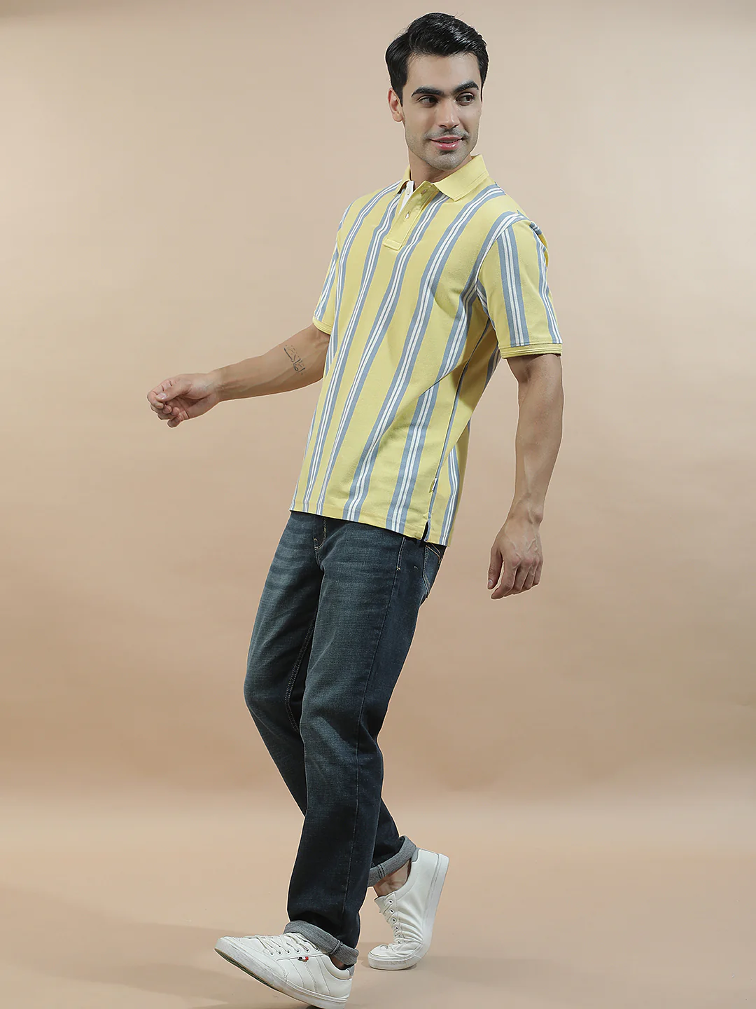 T-Shirt for Men | Breathable & Soft with Color Fastness Regular Fit Polo Neck Poly Cotton Fabric Striped Pattern - Image 3