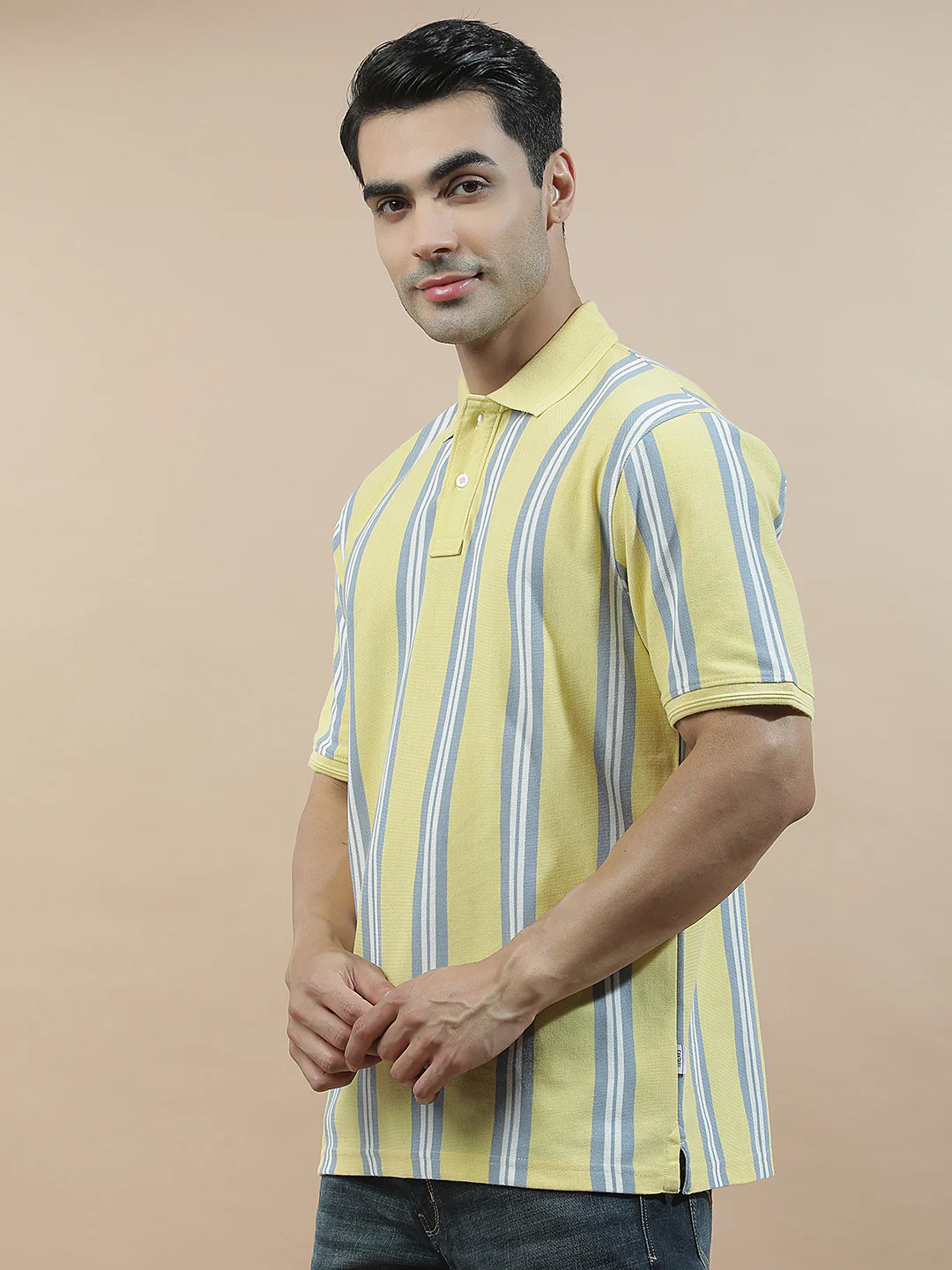 T-Shirt for Men | Breathable & Soft with Color Fastness Regular Fit Polo Neck Poly Cotton Fabric Striped Pattern - Image 5