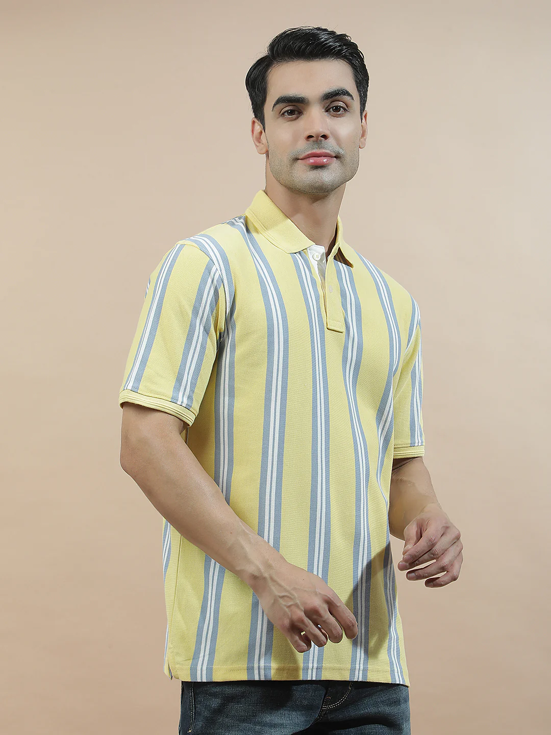 T-Shirt for Men | Breathable & Soft with Color Fastness Regular Fit Polo Neck Poly Cotton Fabric Striped Pattern - Image 6