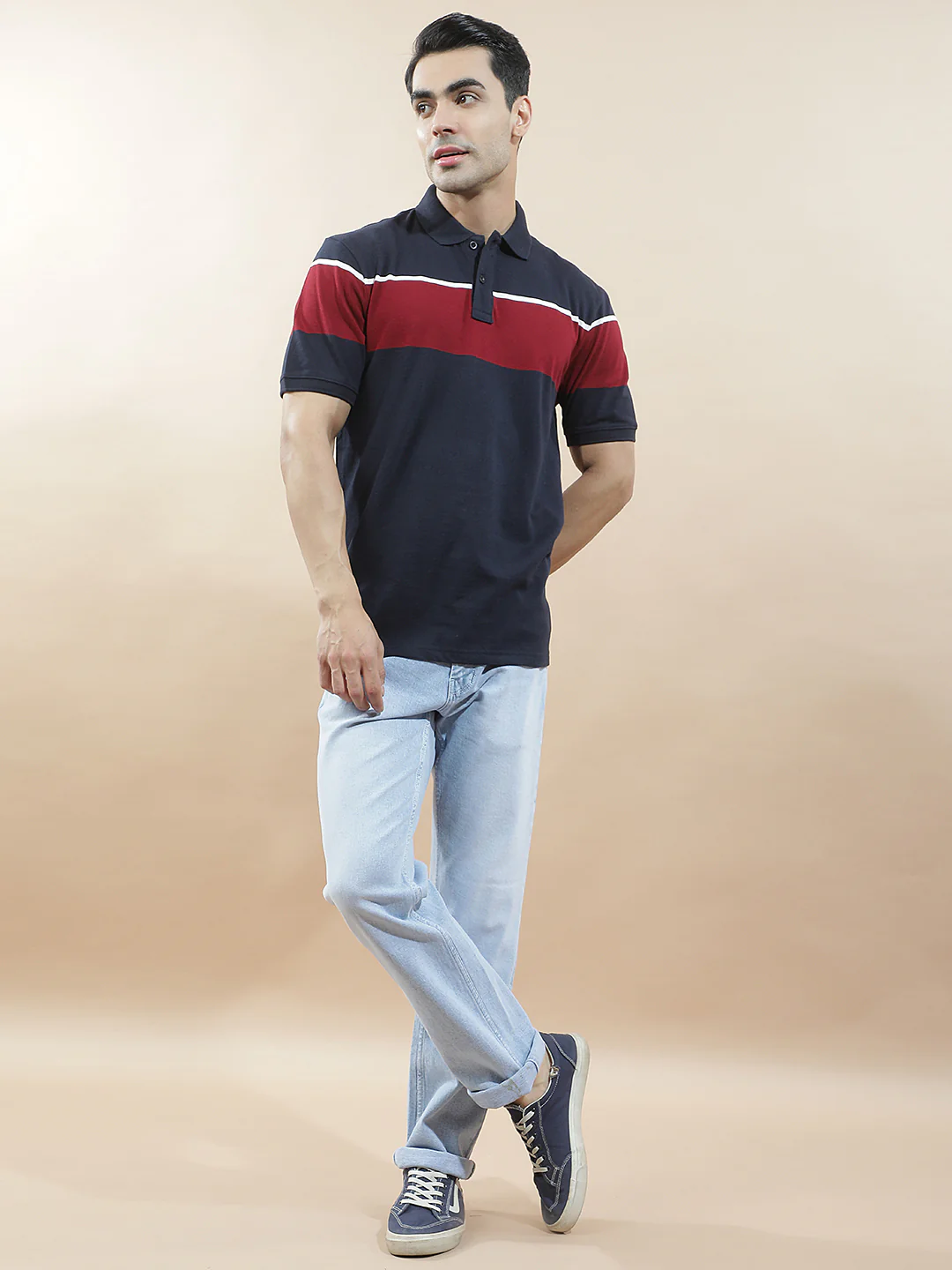 T-Shirt for Men | Breathable & Soft with Color Fastness Regular Fit Polo Neck Poly Cotton Fabric Striped Pattern - Image 10