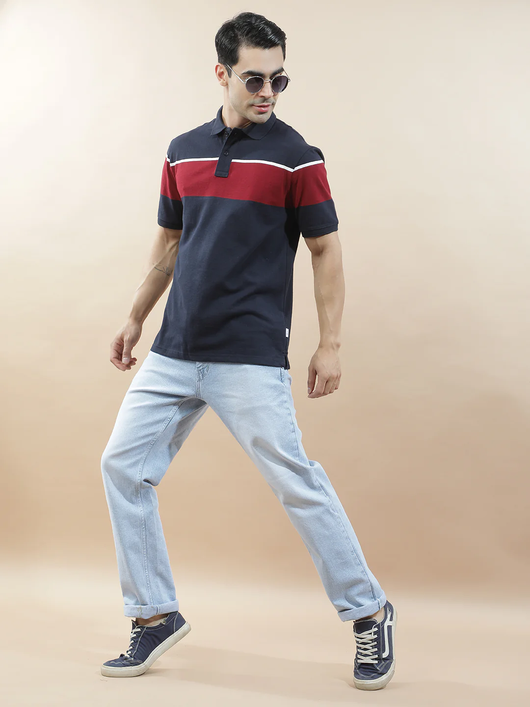 T-Shirt for Men | Breathable & Soft with Color Fastness Regular Fit Polo Neck Poly Cotton Fabric Striped Pattern - Image 2