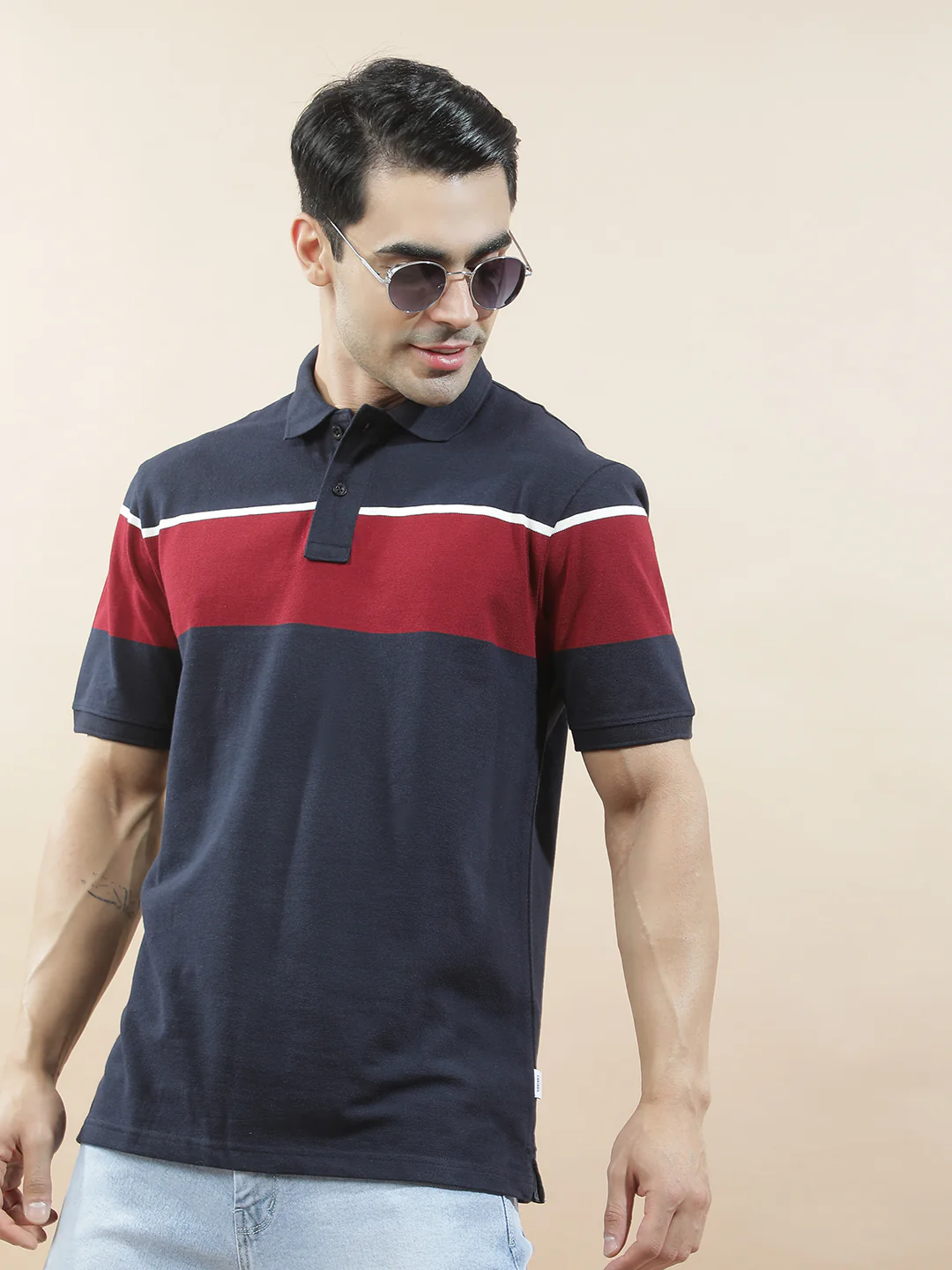 T-Shirt for Men | Breathable & Soft with Color Fastness Regular Fit Polo Neck Poly Cotton Fabric Striped Pattern - Image 3