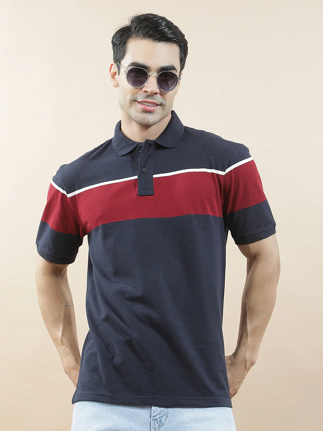 T-Shirt for Men | Breathable & Soft with Color Fastness Regular Fit Polo Neck Poly Cotton Fabric Striped Pattern - Image 4