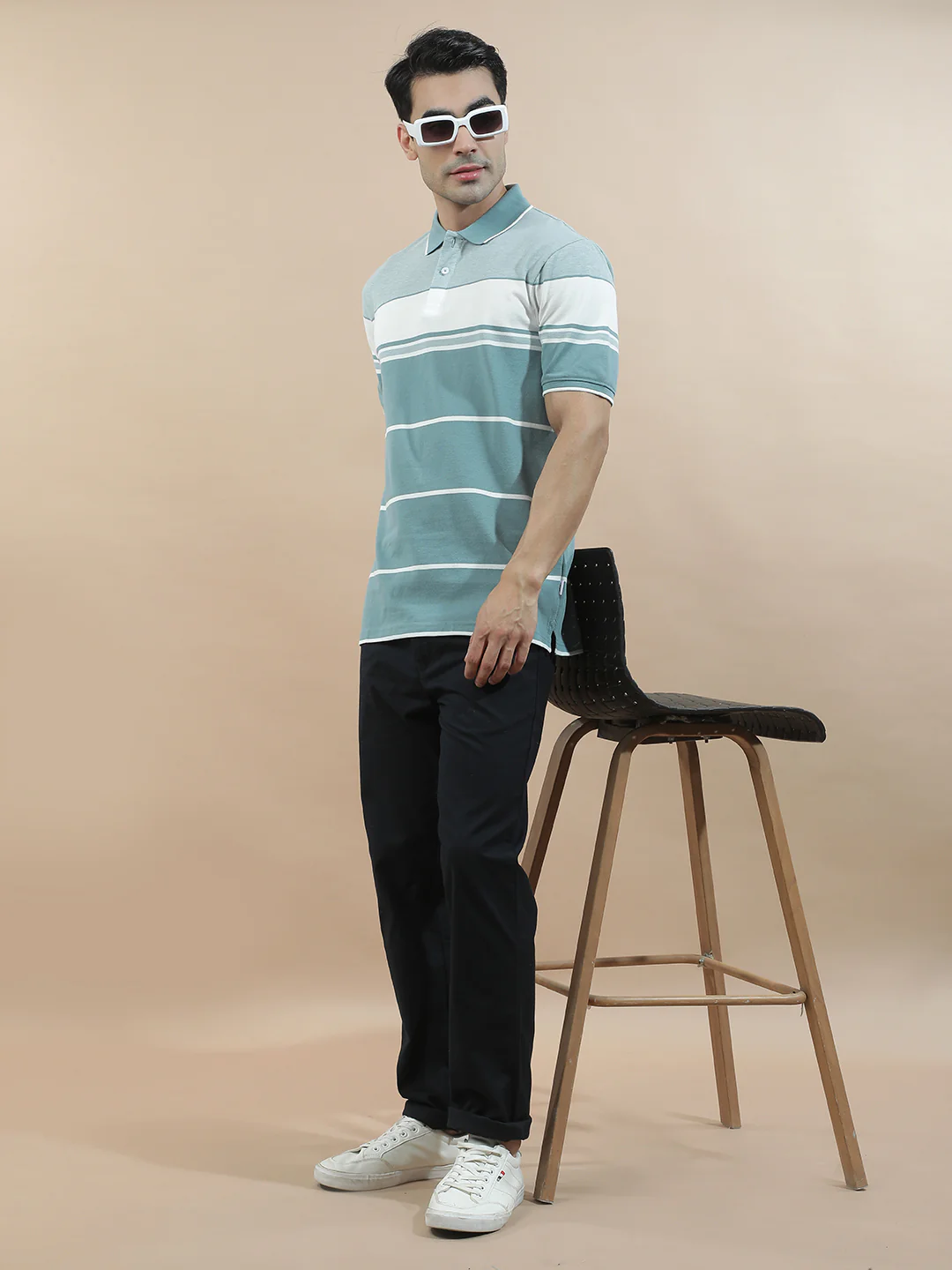T-Shirt for Men | Breathable & Soft with Color Fastness Regular Fit Polo Neck Poly Cotton Fabric Striped Pattern