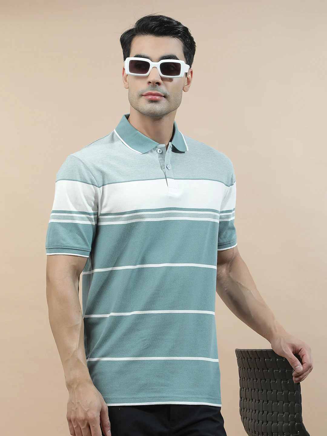 T-Shirt for Men | Breathable & Soft with Color Fastness Regular Fit Polo Neck Poly Cotton Fabric Striped Pattern - Image 2