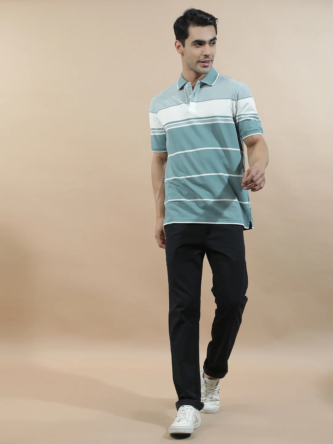 T-Shirt for Men | Breathable & Soft with Color Fastness Regular Fit Polo Neck Poly Cotton Fabric Striped Pattern - Image 3