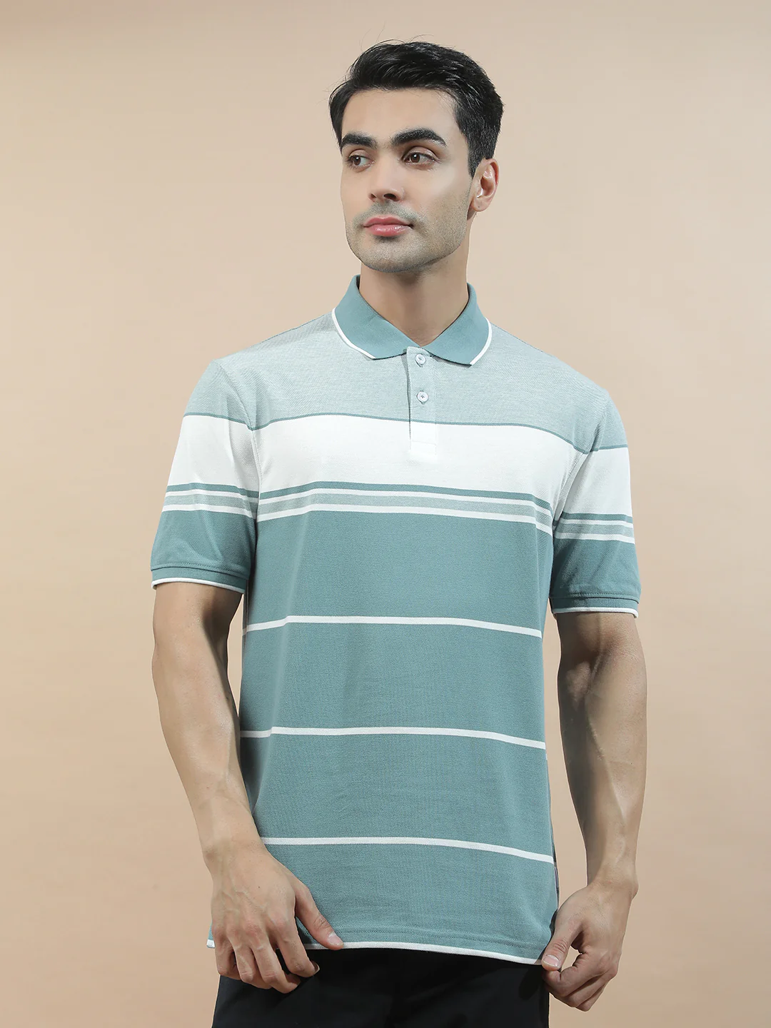 T-Shirt for Men | Breathable & Soft with Color Fastness Regular Fit Polo Neck Poly Cotton Fabric Striped Pattern - Image 5