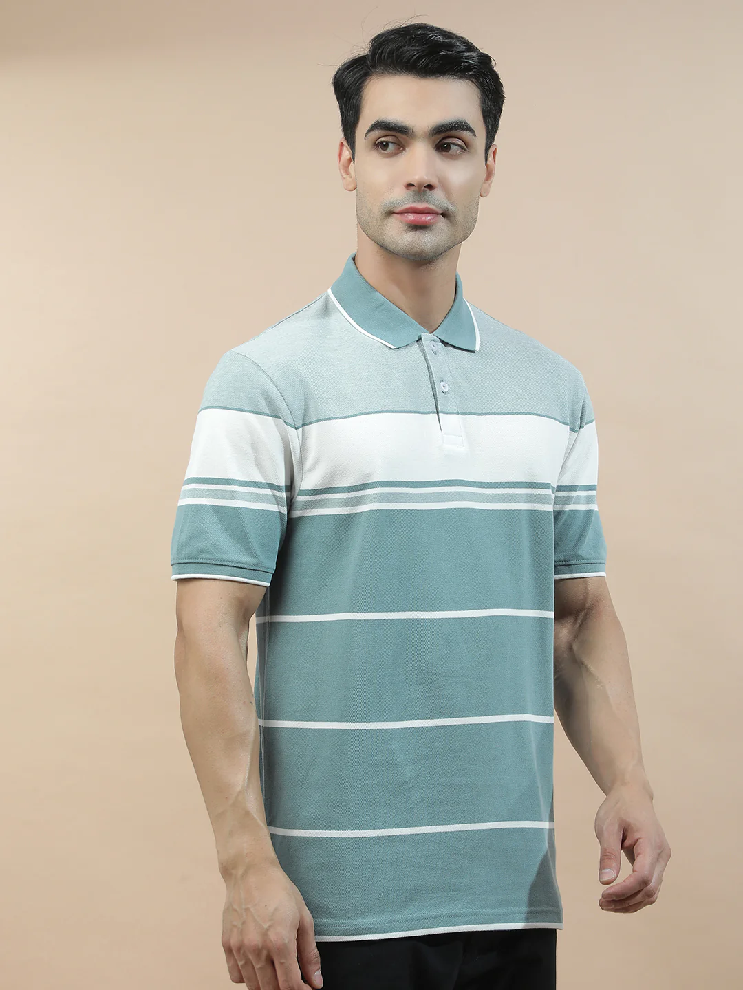 T-Shirt for Men | Breathable & Soft with Color Fastness Regular Fit Polo Neck Poly Cotton Fabric Striped Pattern - Image 7