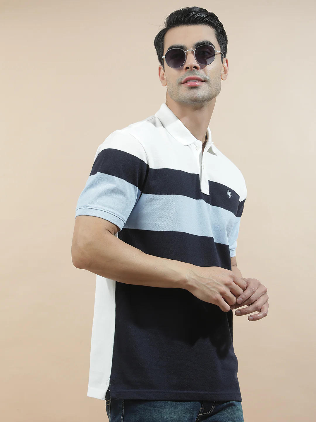 T-Shirt for Men | Breathable & Soft with Color Fastness Regular Fit Polo Neck Poly Cotton Fabric Striped Pattern - Image 2