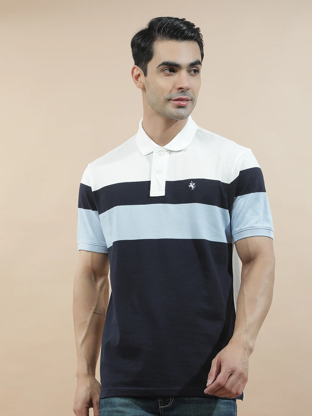 T-Shirt for Men | Breathable & Soft with Color Fastness Regular Fit Polo Neck Poly Cotton Fabric Striped Pattern - Image 4