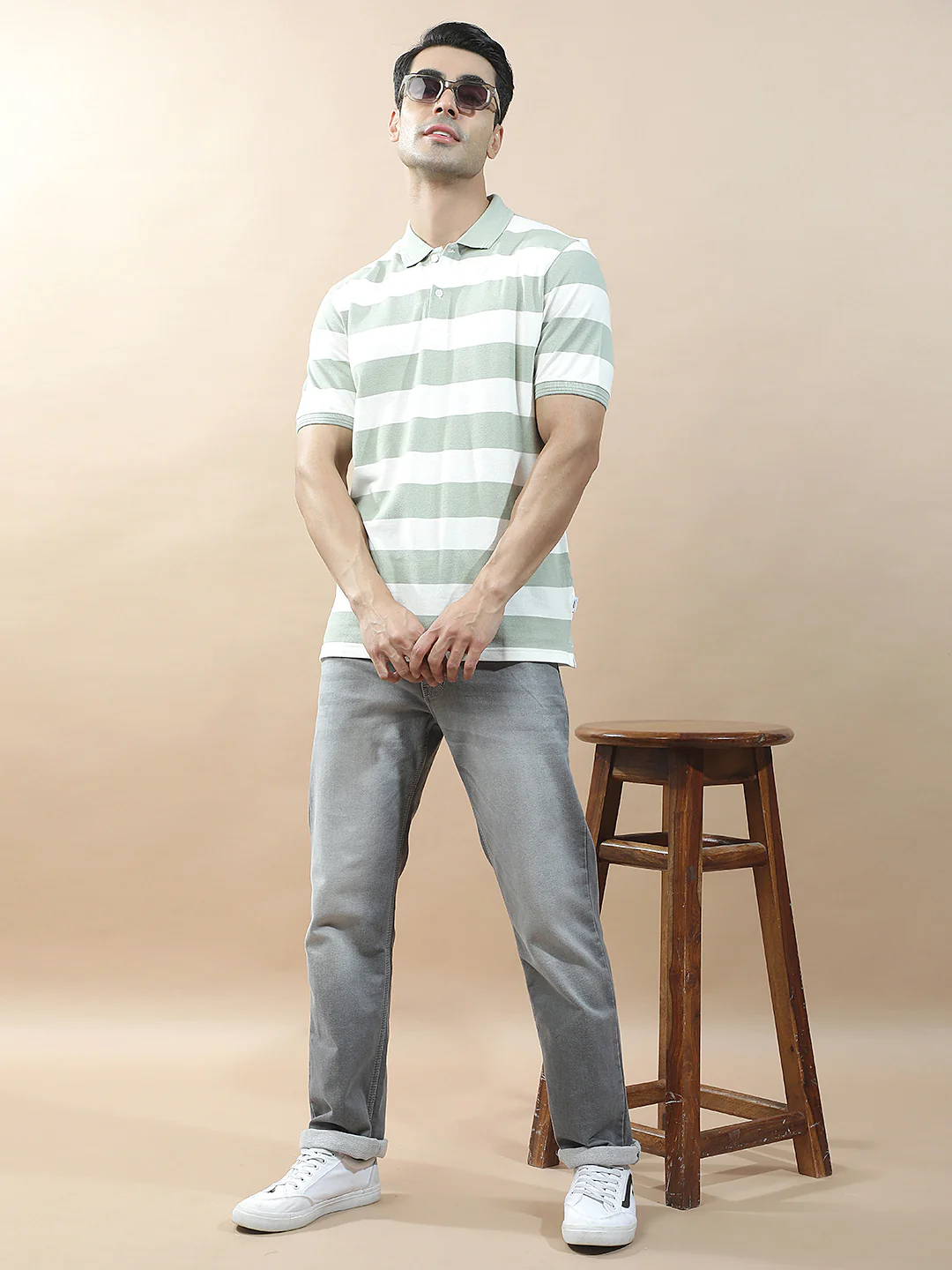 T-Shirt for Men | Breathable & Soft with Color Fastness Regular Fit Polo Neck Poly Cotton Fabric Striped Pattern