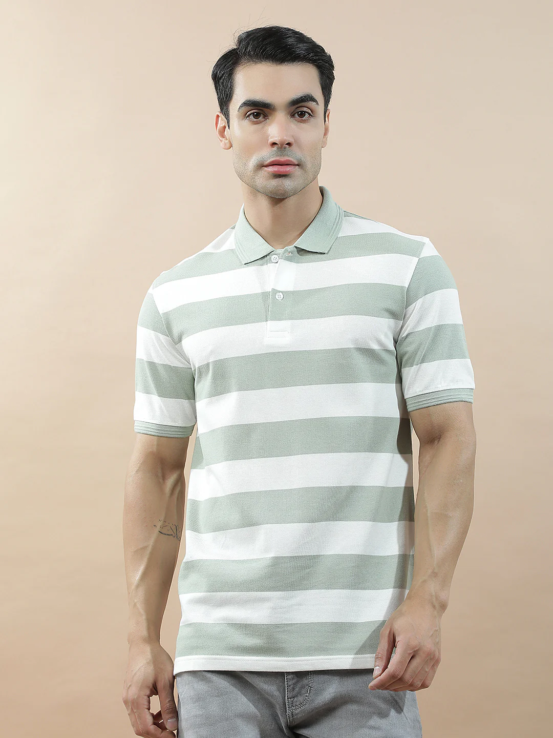 T-Shirt for Men | Breathable & Soft with Color Fastness Regular Fit Polo Neck Poly Cotton Fabric Striped Pattern - Image 3