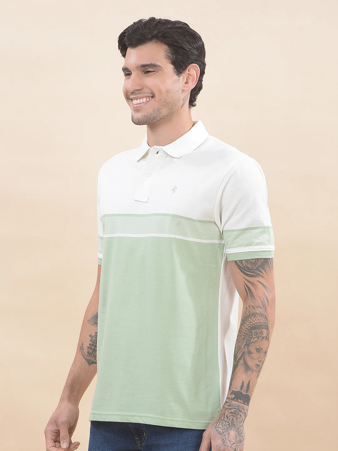 T-Shirt for Men | Breathable & Soft with Color Fastness Regular Fit Polo Neck Poly Cotton Fabric Striped Pattern - Image 3