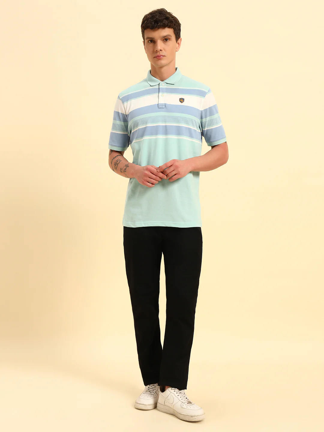 T-Shirt for Men | Breathable & Soft with Color Fastness Regular Fit Polo Neck Poly Cotton Fabric Striped Pattern - Image 2