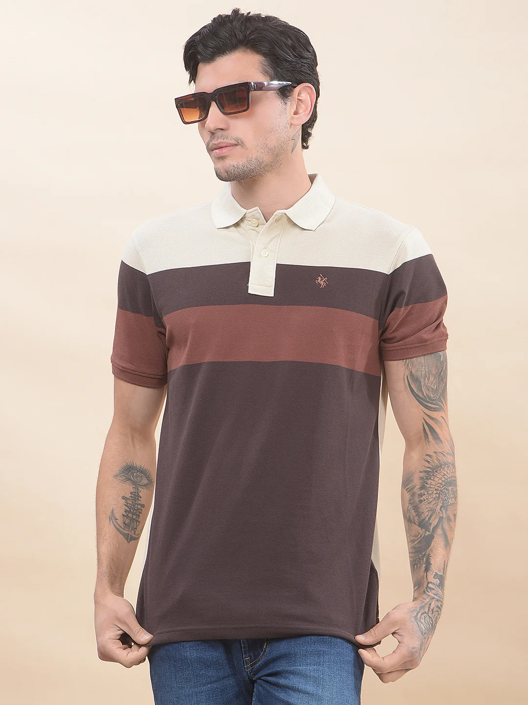 T-Shirt for Men | Breathable & Soft with Color Fastness Regular Fit Polo Neck Poly Cotton Fabric Striped Pattern