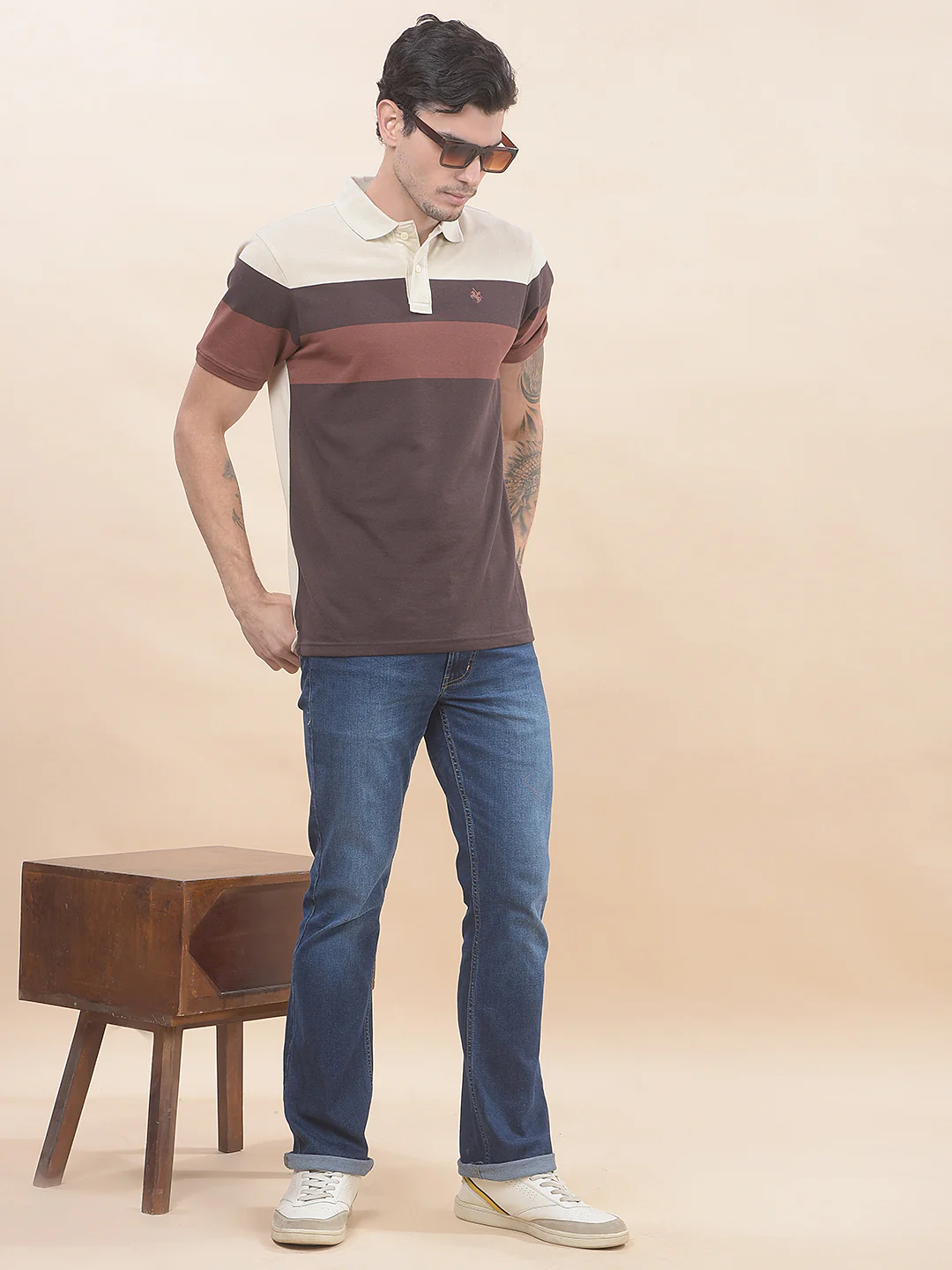 T-Shirt for Men | Breathable & Soft with Color Fastness Regular Fit Polo Neck Poly Cotton Fabric Striped Pattern - Image 2