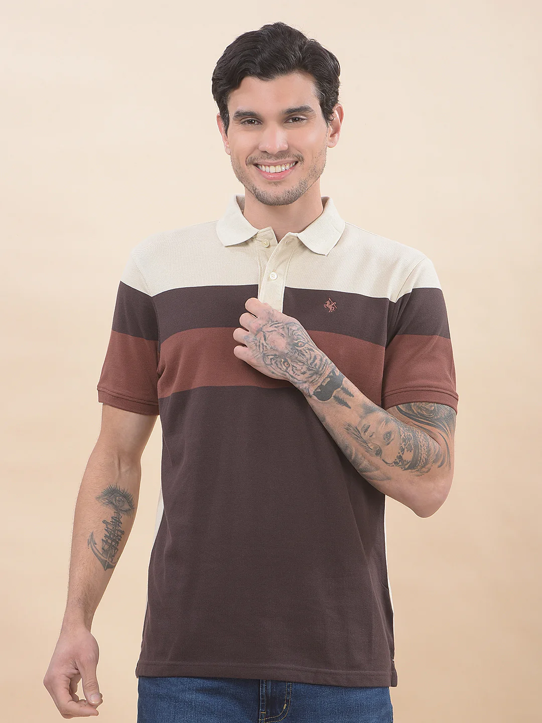 T-Shirt for Men | Breathable & Soft with Color Fastness Regular Fit Polo Neck Poly Cotton Fabric Striped Pattern - Image 4