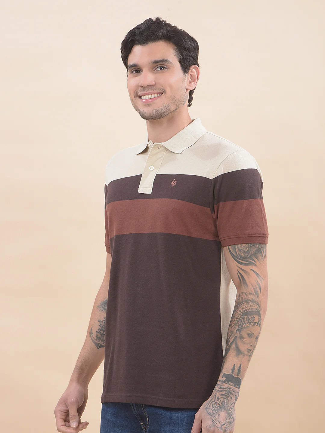 T-Shirt for Men | Breathable & Soft with Color Fastness Regular Fit Polo Neck Poly Cotton Fabric Striped Pattern - Image 5