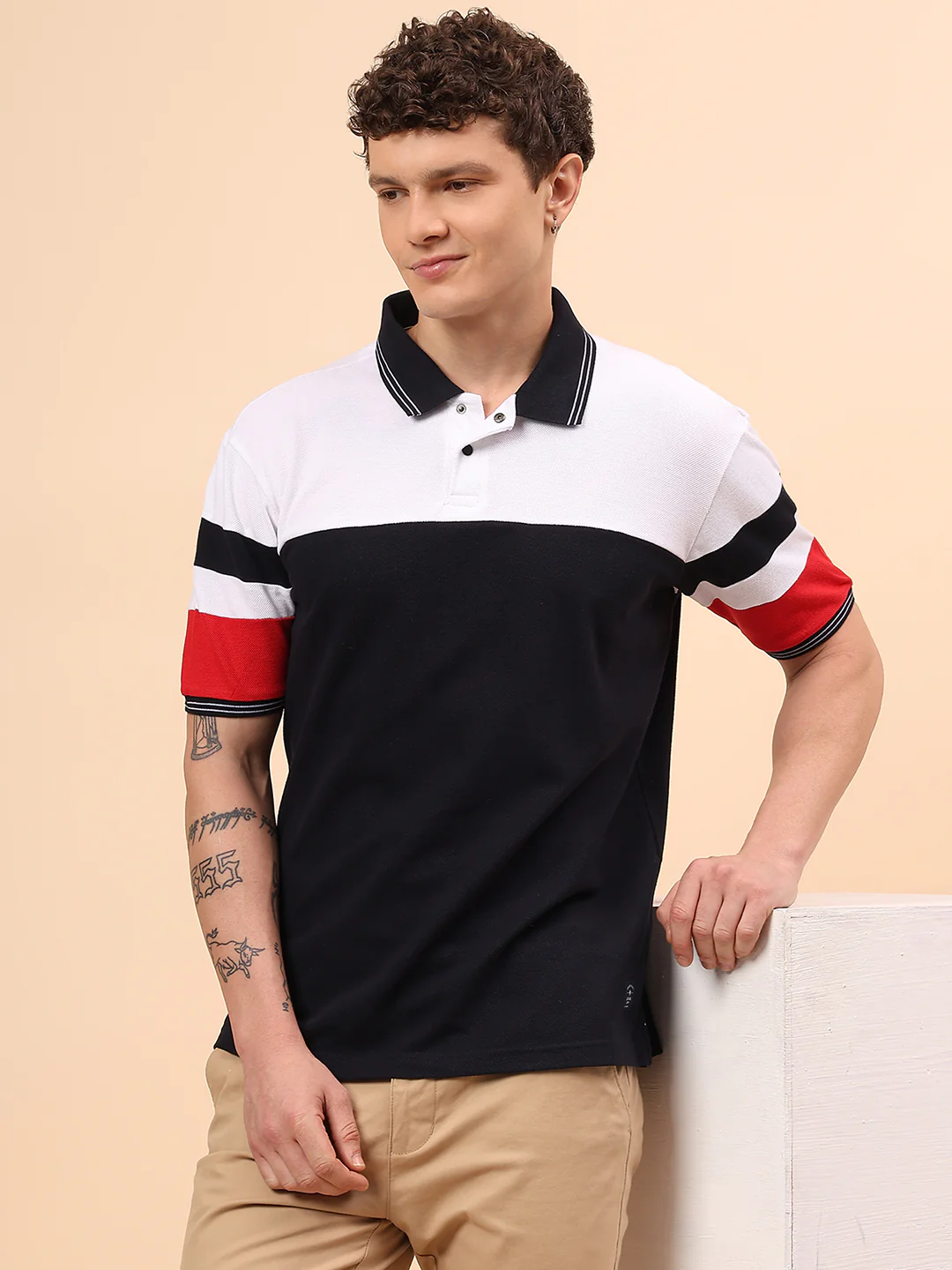 T-Shirt for Men | Breathable & Soft with Color Fastness Regular Fit Polo Neck Poly Cotton Fabric Colour Block Pattern - Image 2