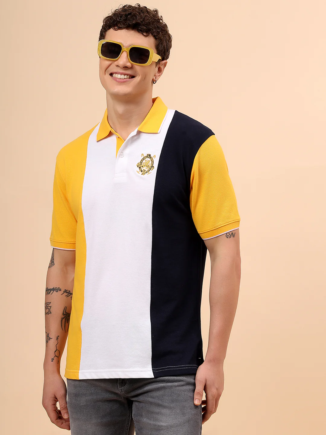 T-Shirt for Men | Breathable & Soft with Color Fastness Regular Fit Polo Neck Poly Cotton Fabric Colour Block Pattern - Image 2