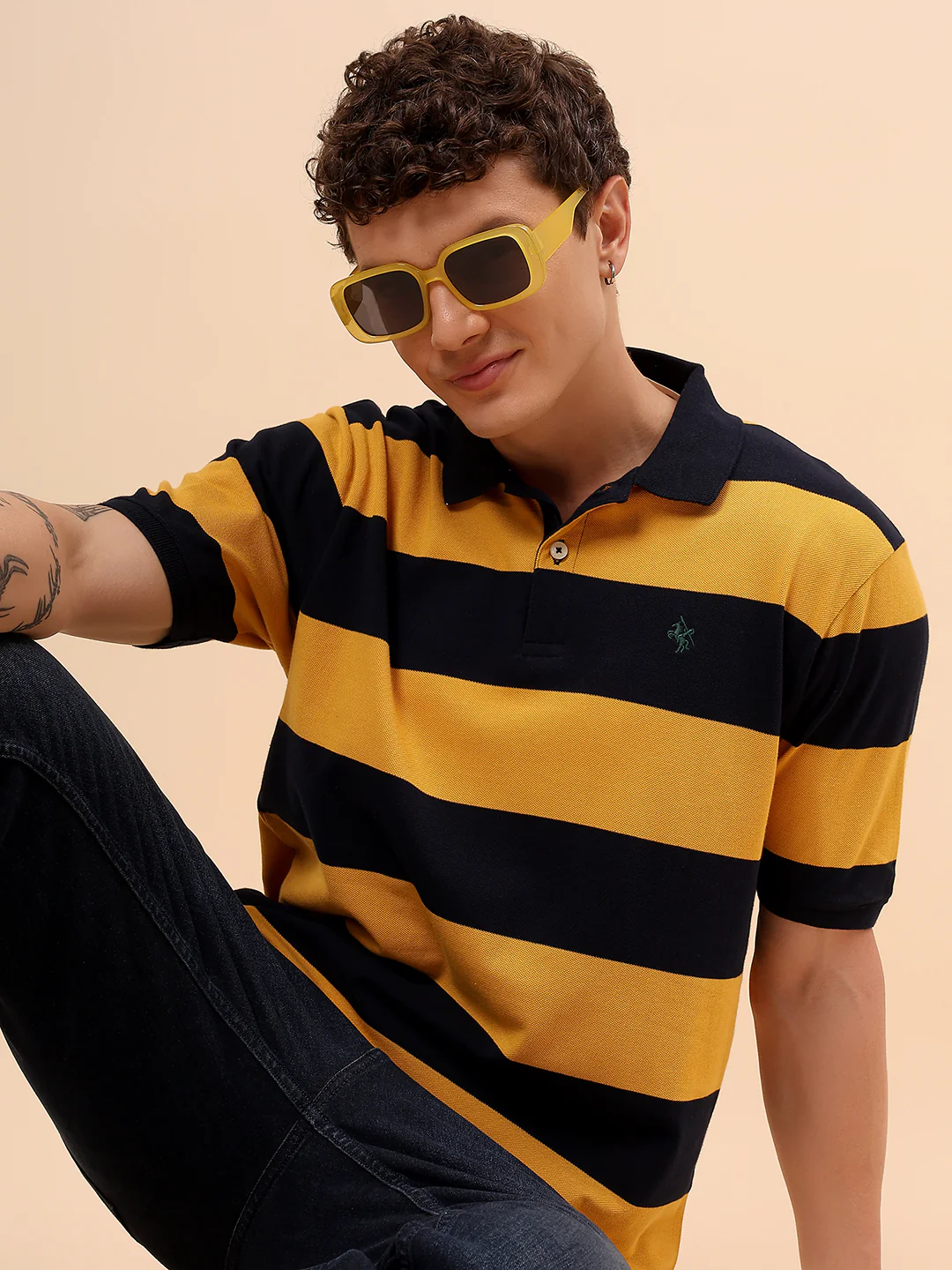 T-Shirt for Men | Breathable & Soft with Color Fastness Regular Fit Polo Neck Poly Cotton Fabric Striped Pattern - Image 2