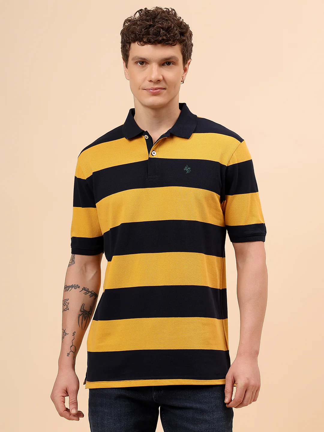 T-Shirt for Men | Breathable & Soft with Color Fastness Regular Fit Polo Neck Poly Cotton Fabric Striped Pattern - Image 3