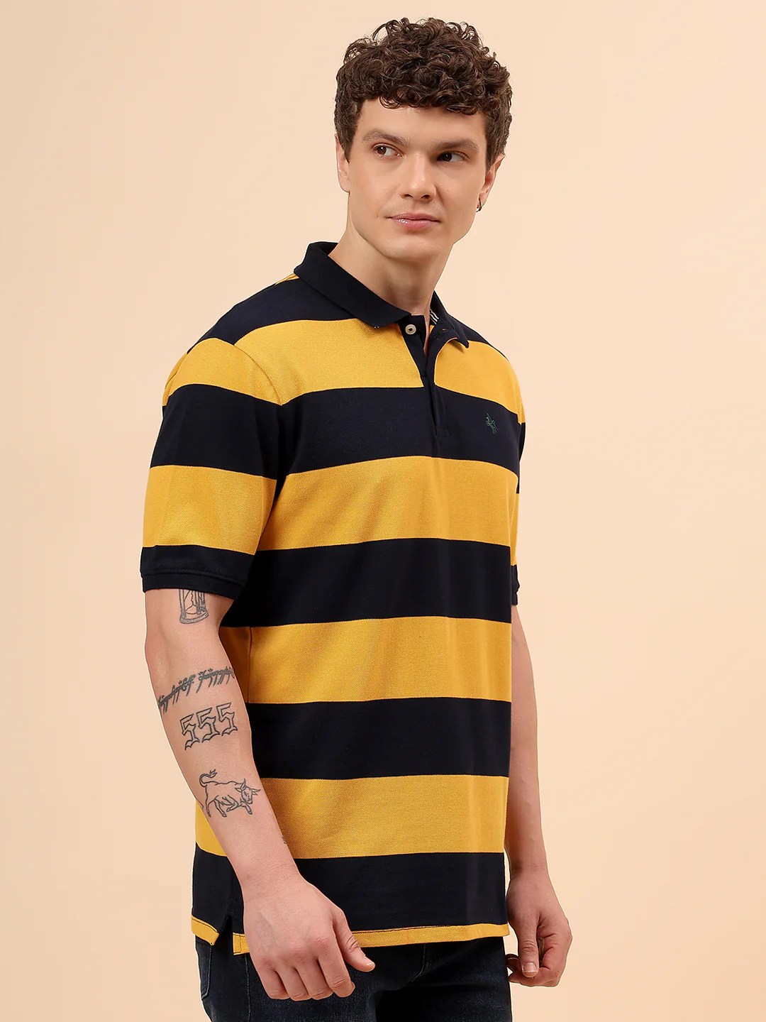 T-Shirt for Men | Breathable & Soft with Color Fastness Regular Fit Polo Neck Poly Cotton Fabric Striped Pattern - Image 5