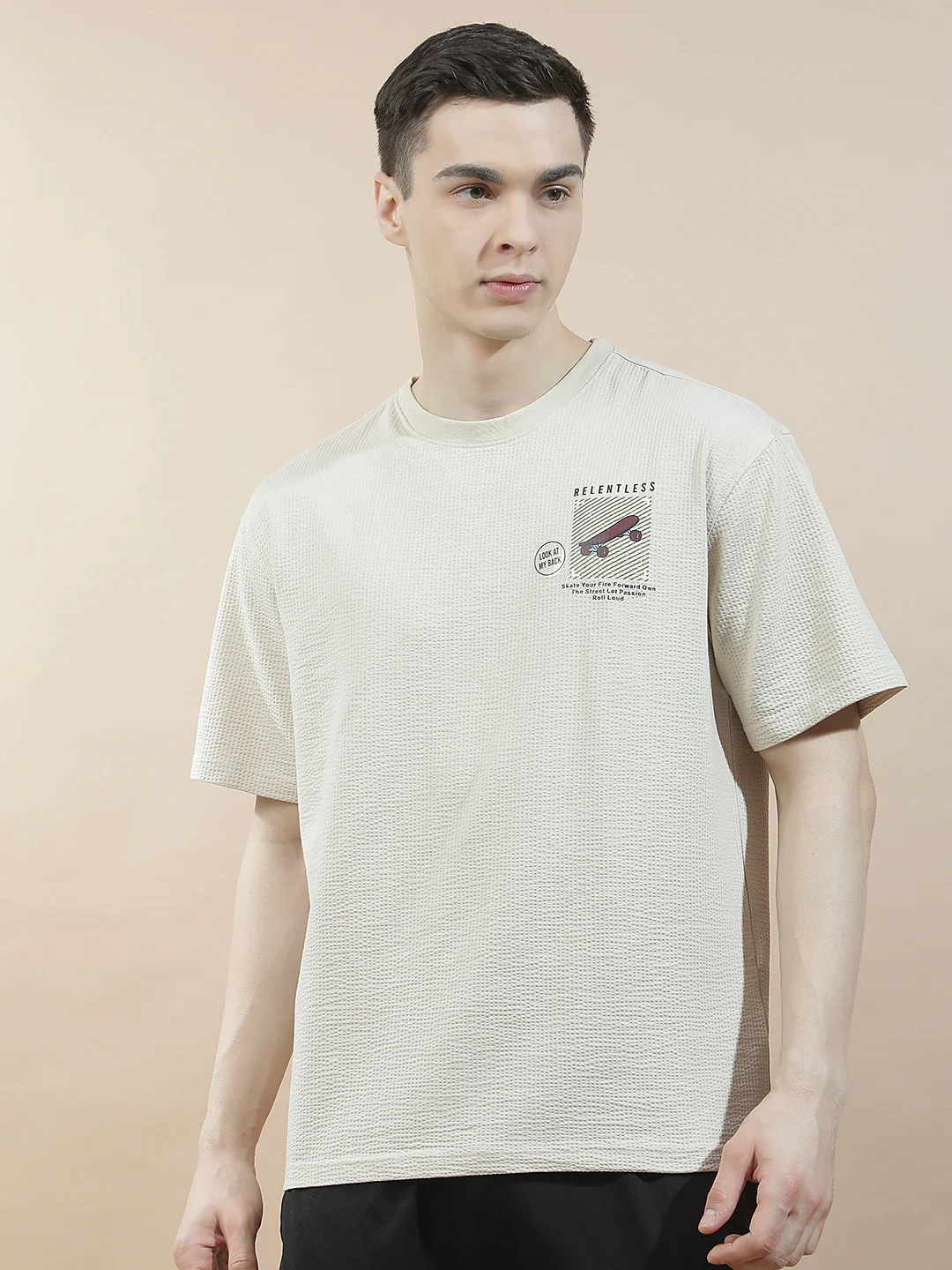 T-Shirt for Men | Breathable & Soft with Color Fastness Regular Fit Round Neck Poly Cotton Fabric Self Design Pattern - Image 3