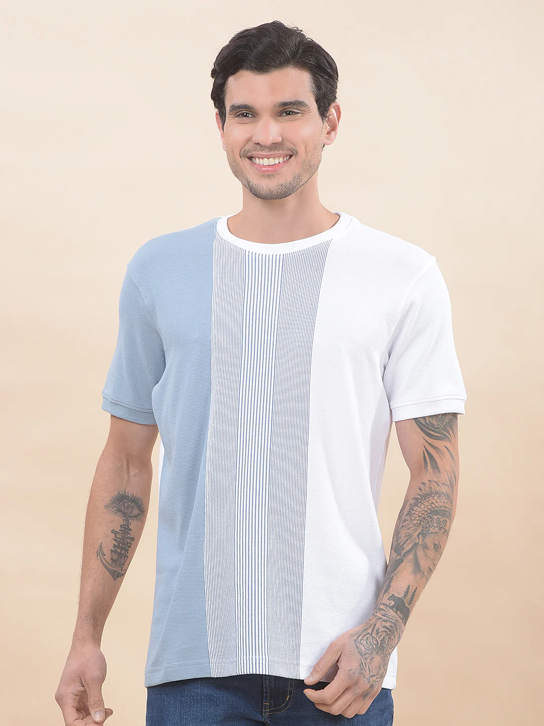 T-Shirt for Men | Breathable & Soft with Color Fastness Regular Fit Round Neck Poly Cotton Fabric Striped Pattern - Image 5