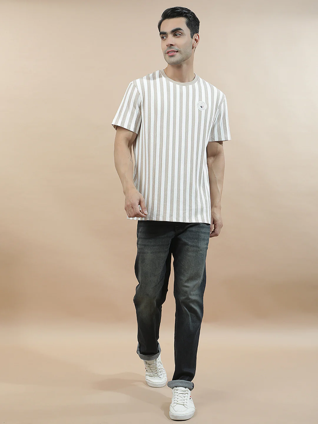 T-Shirt for Men | Breathable & Soft with Color Fastness Regular Fit Round Neck Poly Cotton Fabric Striped Pattern - Image 2
