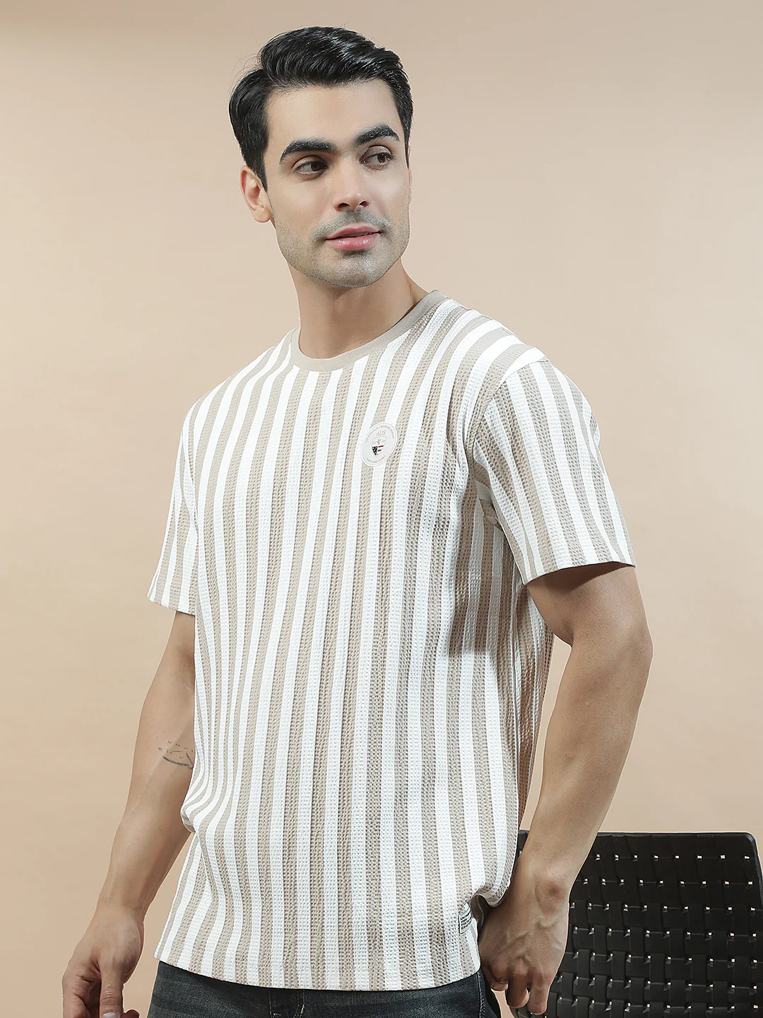 T-Shirt for Men | Breathable & Soft with Color Fastness Regular Fit Round Neck Poly Cotton Fabric Striped Pattern - Image 3