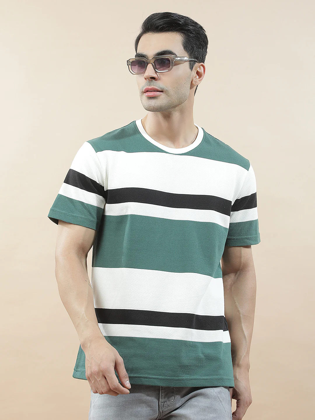 T-Shirt for Men | Breathable & Soft with Color Fastness Regular Fit Round Neck Poly Cotton Fabric Striped Pattern - Image 2