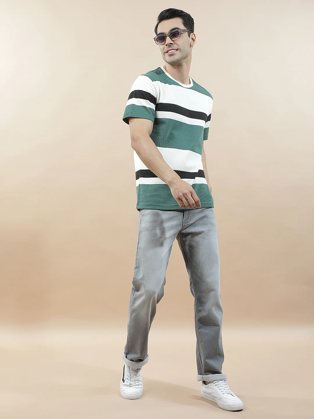 T-Shirt for Men | Breathable & Soft with Color Fastness Regular Fit Round Neck Poly Cotton Fabric Striped Pattern - Image 3