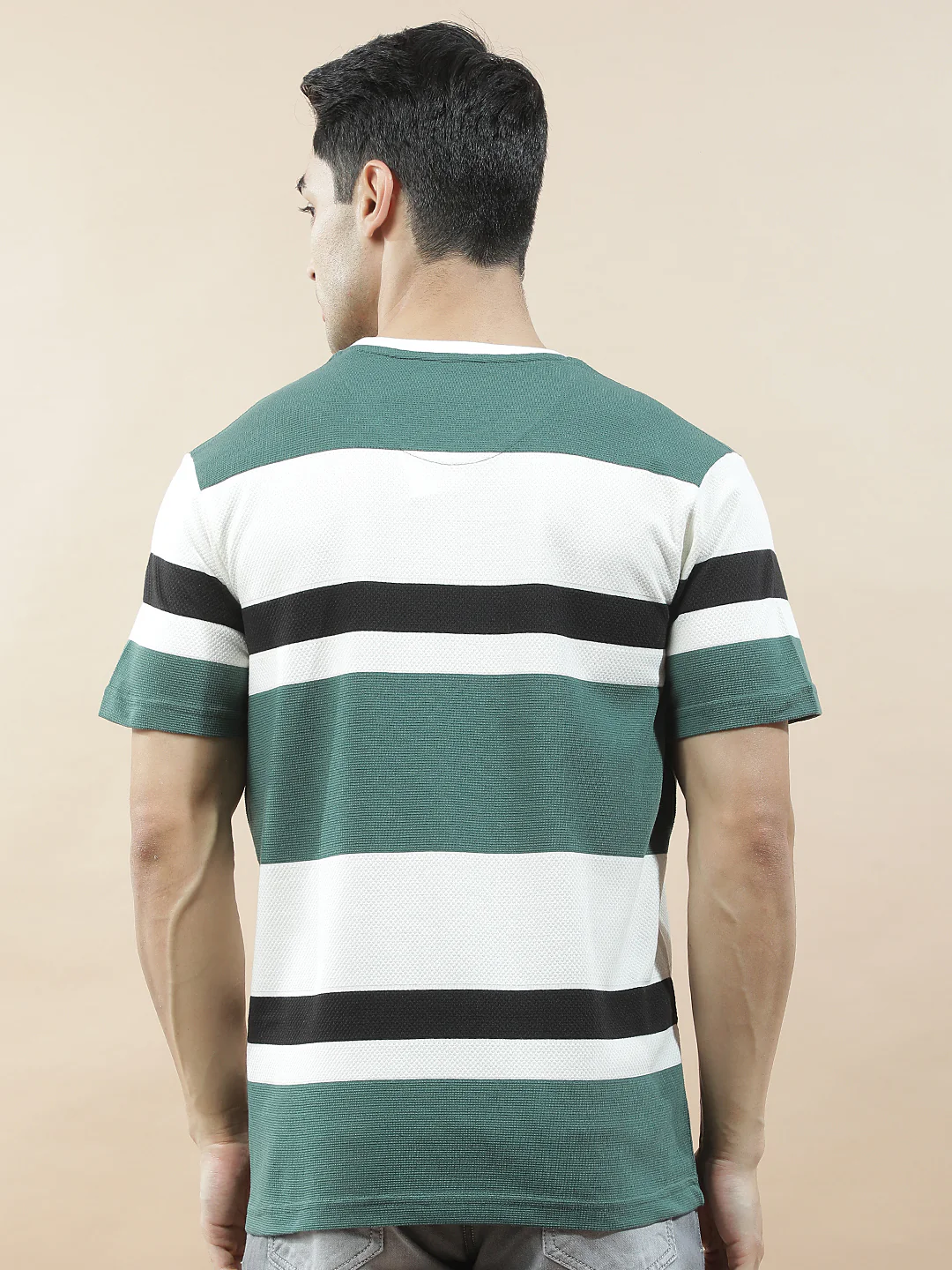 T-Shirt for Men | Breathable & Soft with Color Fastness Regular Fit Round Neck Poly Cotton Fabric Striped Pattern - Image 4