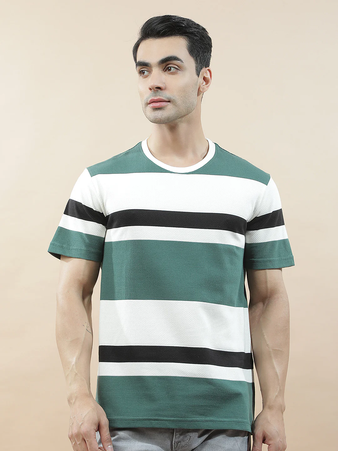 T-Shirt for Men | Breathable & Soft with Color Fastness Regular Fit Round Neck Poly Cotton Fabric Striped Pattern - Image 5